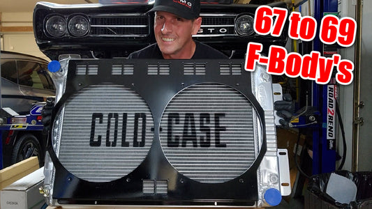 Monty behind a Cold Case Radiator CHC11 with custom Black Fan Shroud with 12 inch openings, fits 1967 to 1969 GM F Body's