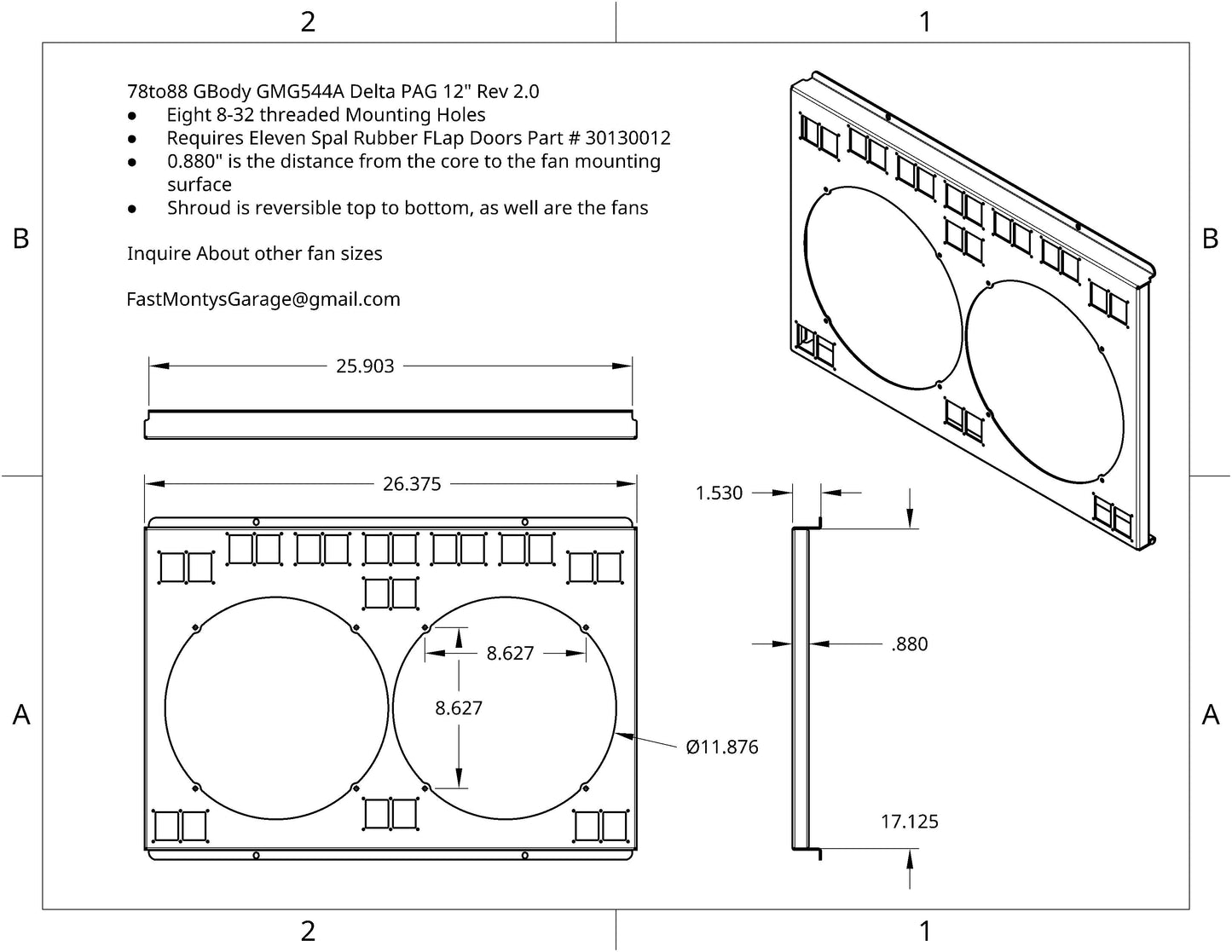1978 to 88 GM G-Body Shroud for Cold Case GMG544 fits 12 inch DeltaPAG Brushless Fans Raw Aluminum or Powder Coated