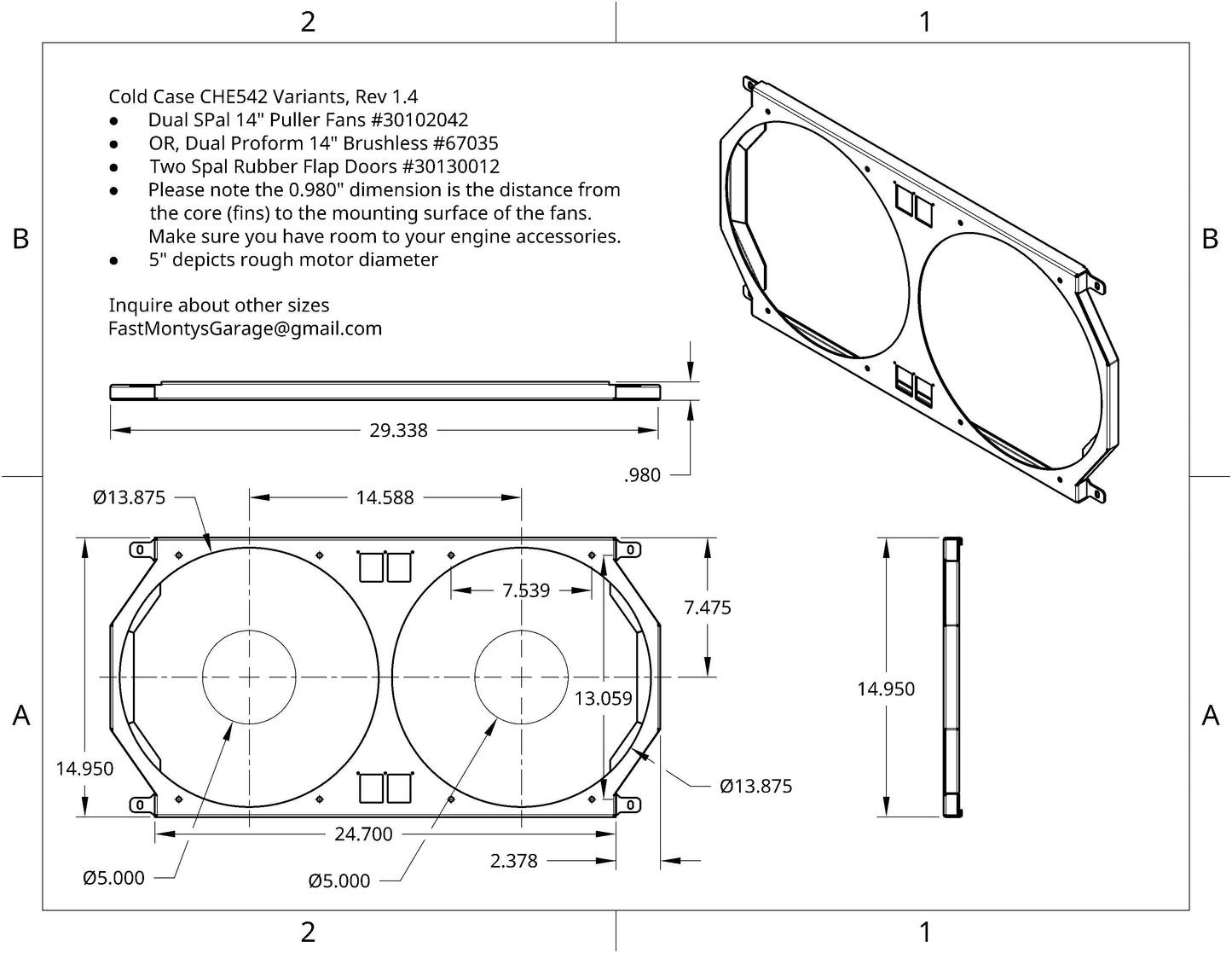 1966-67 Chevrolet Chevelle Dual 14 inch Fan Shroud for ColdCase CHE542 Raw Aluminum or Powder Coated