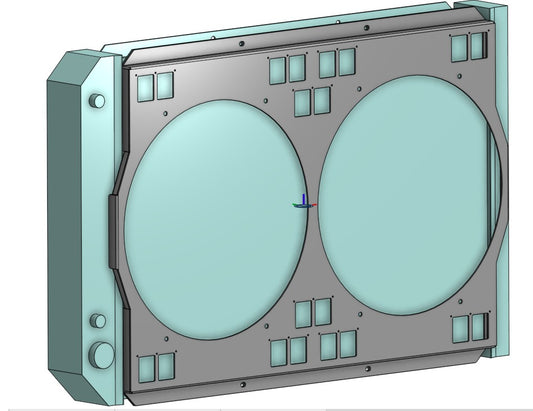 Angled rendering Rev 2.0 of dual 14-inch fan shroud for 1980-1984 Ford Bronco Cold Case FOT578A - Fast Monty's Garage