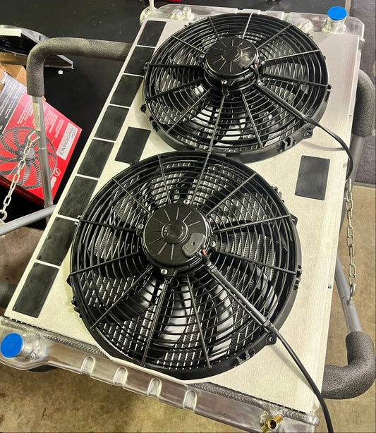 Dual 14 inch Spal fans mounted onto FMG cold case shroud for GMT556A21 radiator