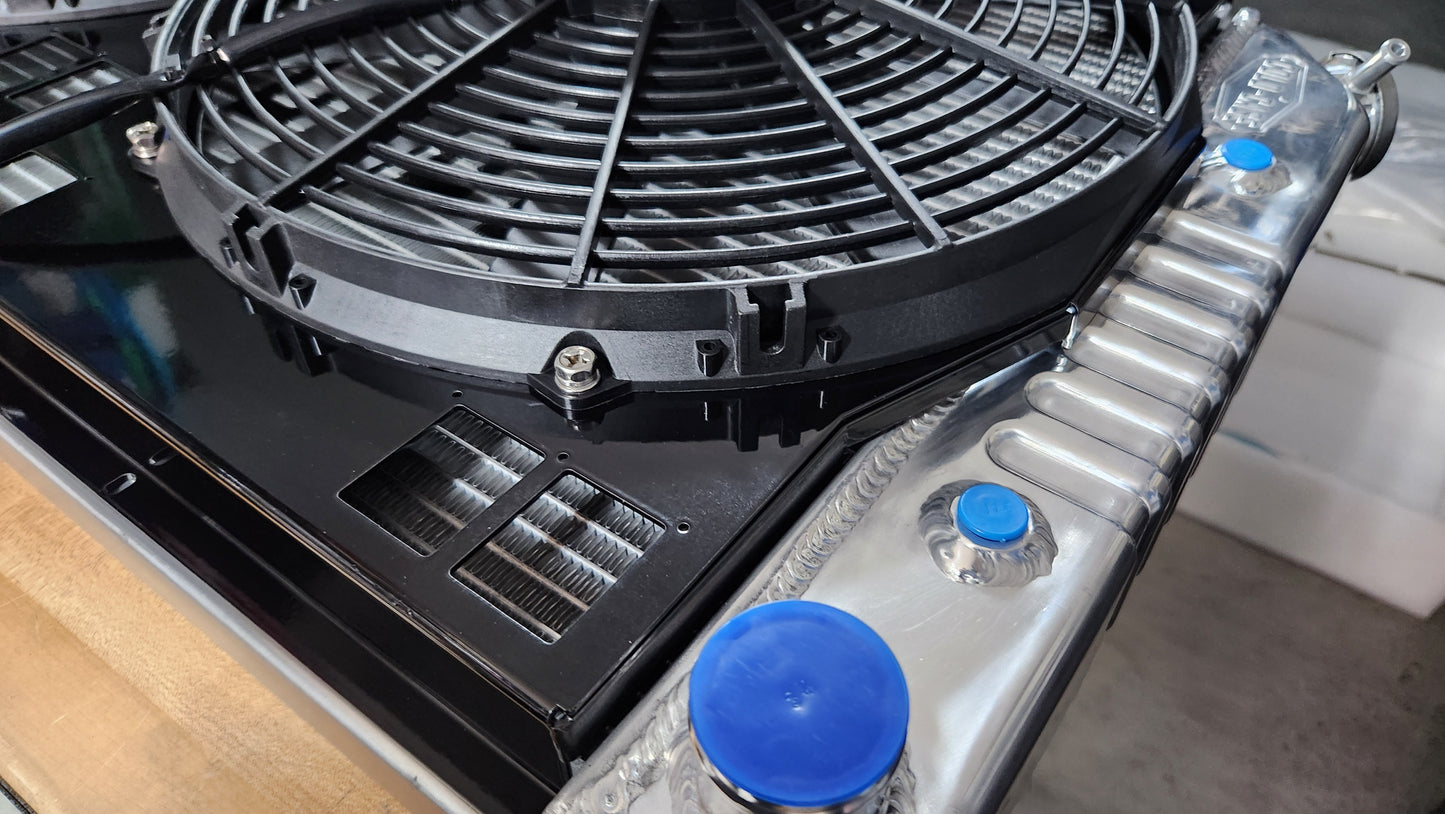 Close up of 14 inch Proform Brushless fans mounted on a shroud for Cold Case radiators CHC545