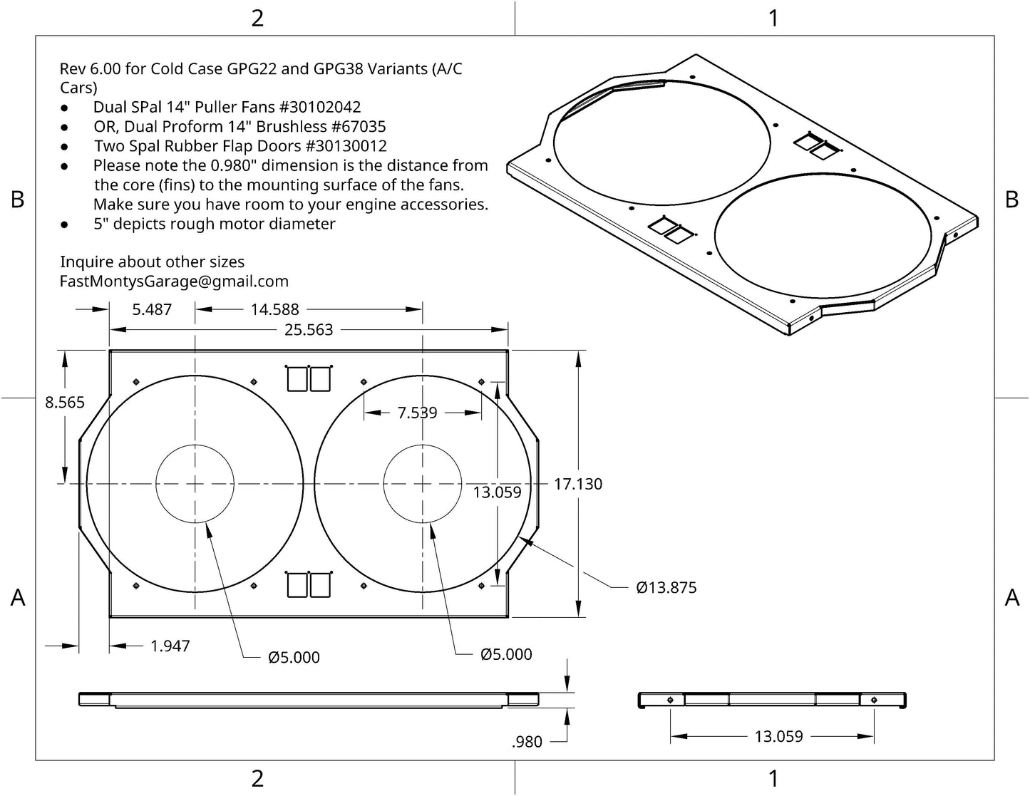 1966 and 1967 Pontiac A-Body's with AC, Dual 14 inch Fan Shroud for Cold Case GPG38 Raw Aluminum or Powder Coated