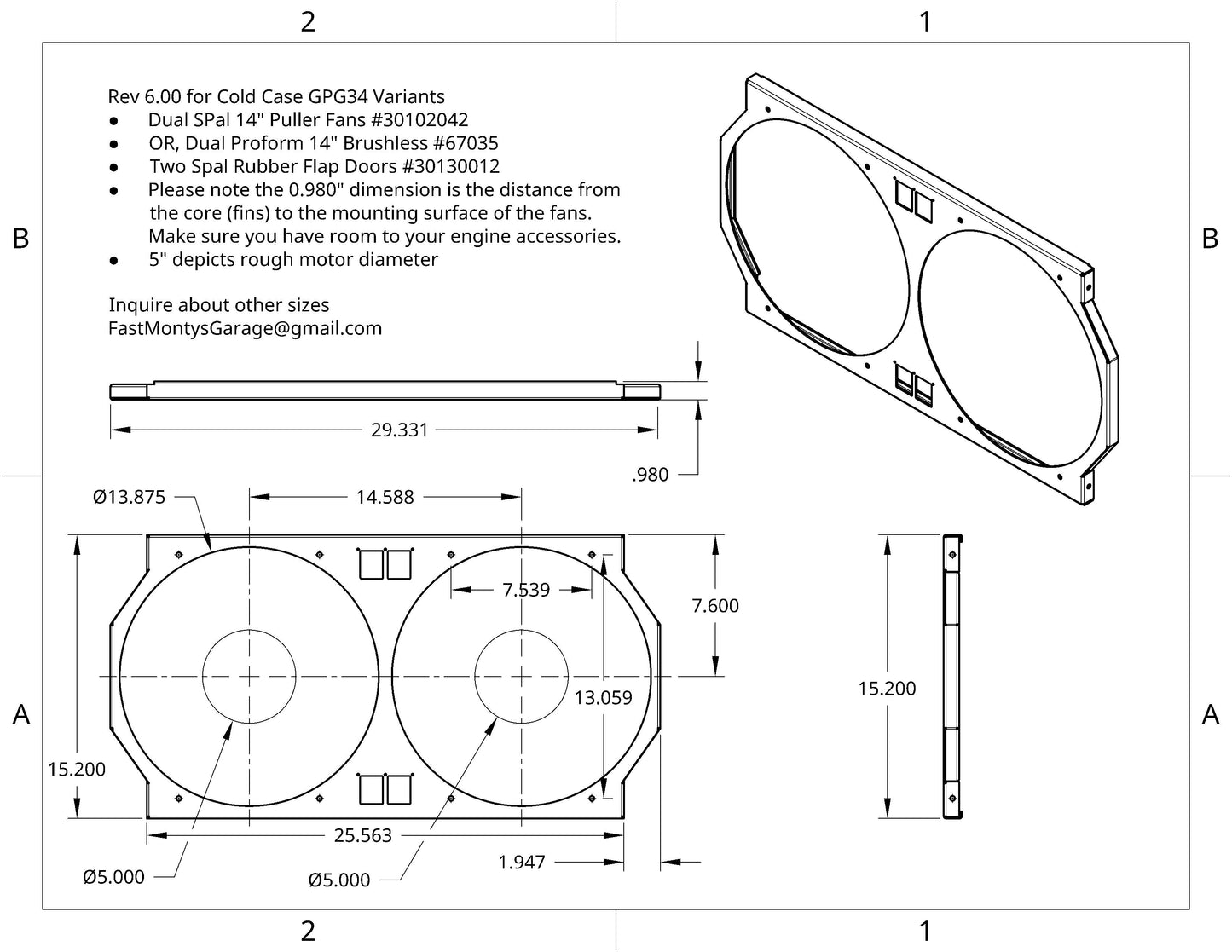 1966 or 1967 Pontiac A-Body Dual 14 inch Fan Shroud for ColdCase GPG34 Raw Aluminum or Powder Coated
