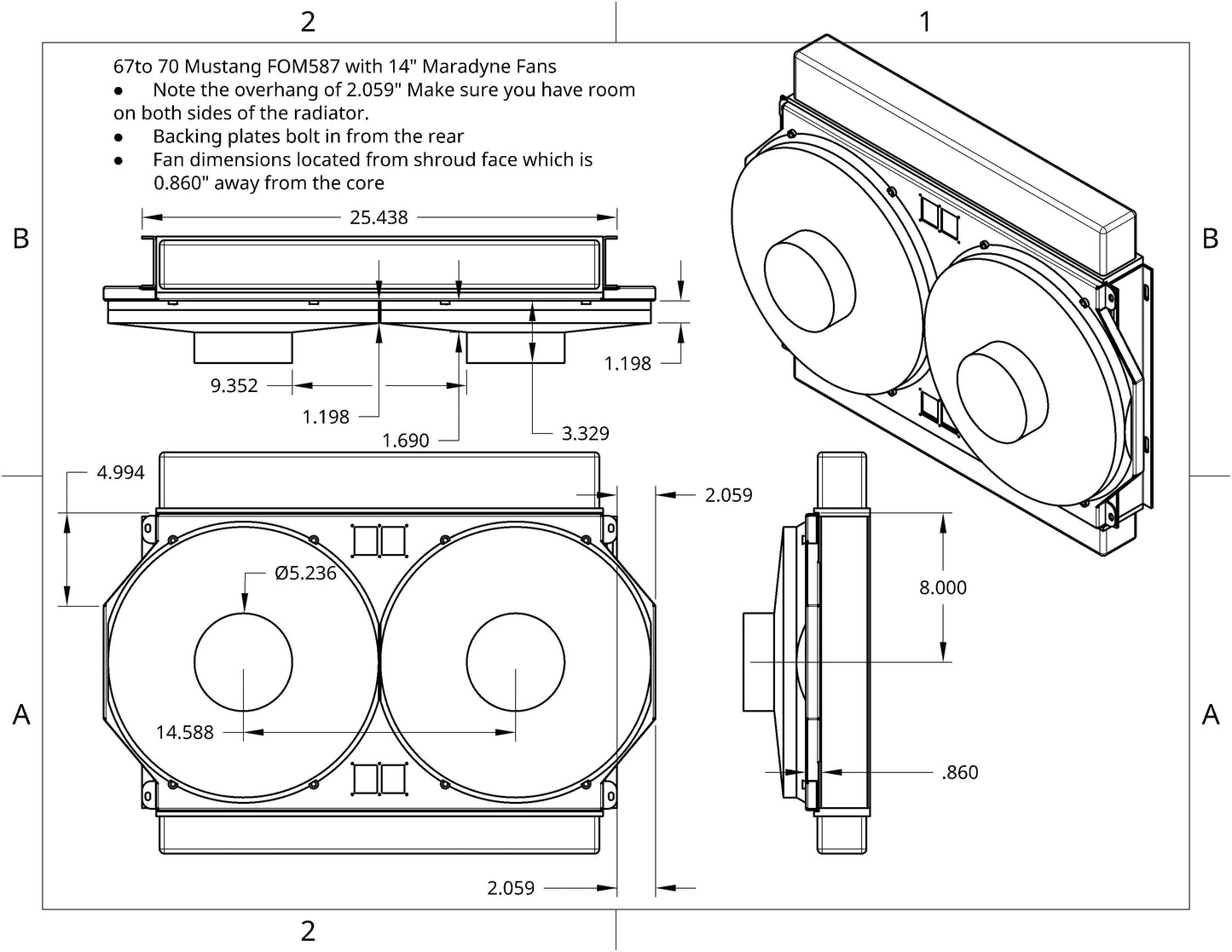 Radiator and shroud with Maradyne fans Rev 2.0 for 1966-1969 Ford Mustang FOM587 - Fast Monty's Garage