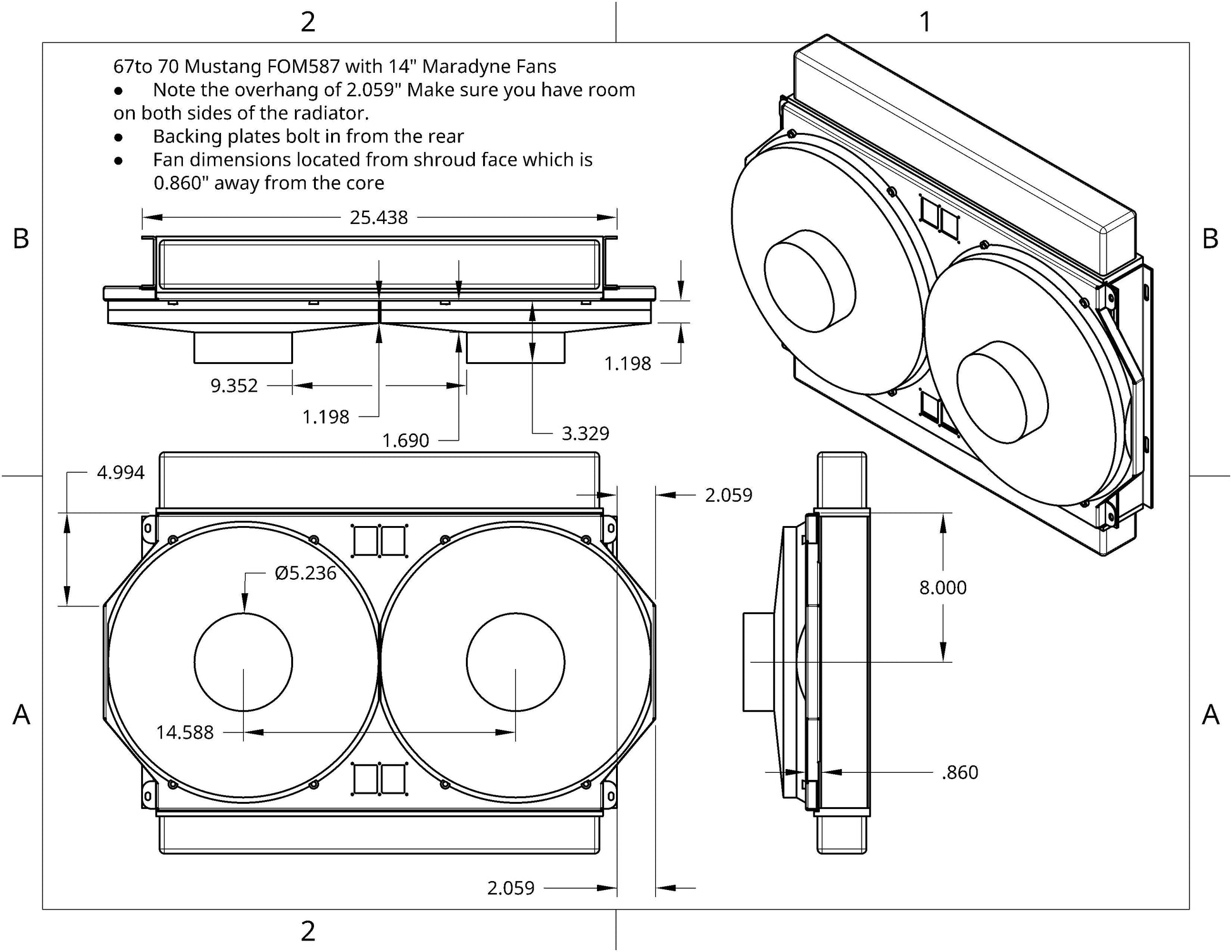 Radiator and shroud with Maradyne fans Rev 2.0 for 1966-1969 Ford Mustang FOM587 - Fast Monty's Garage