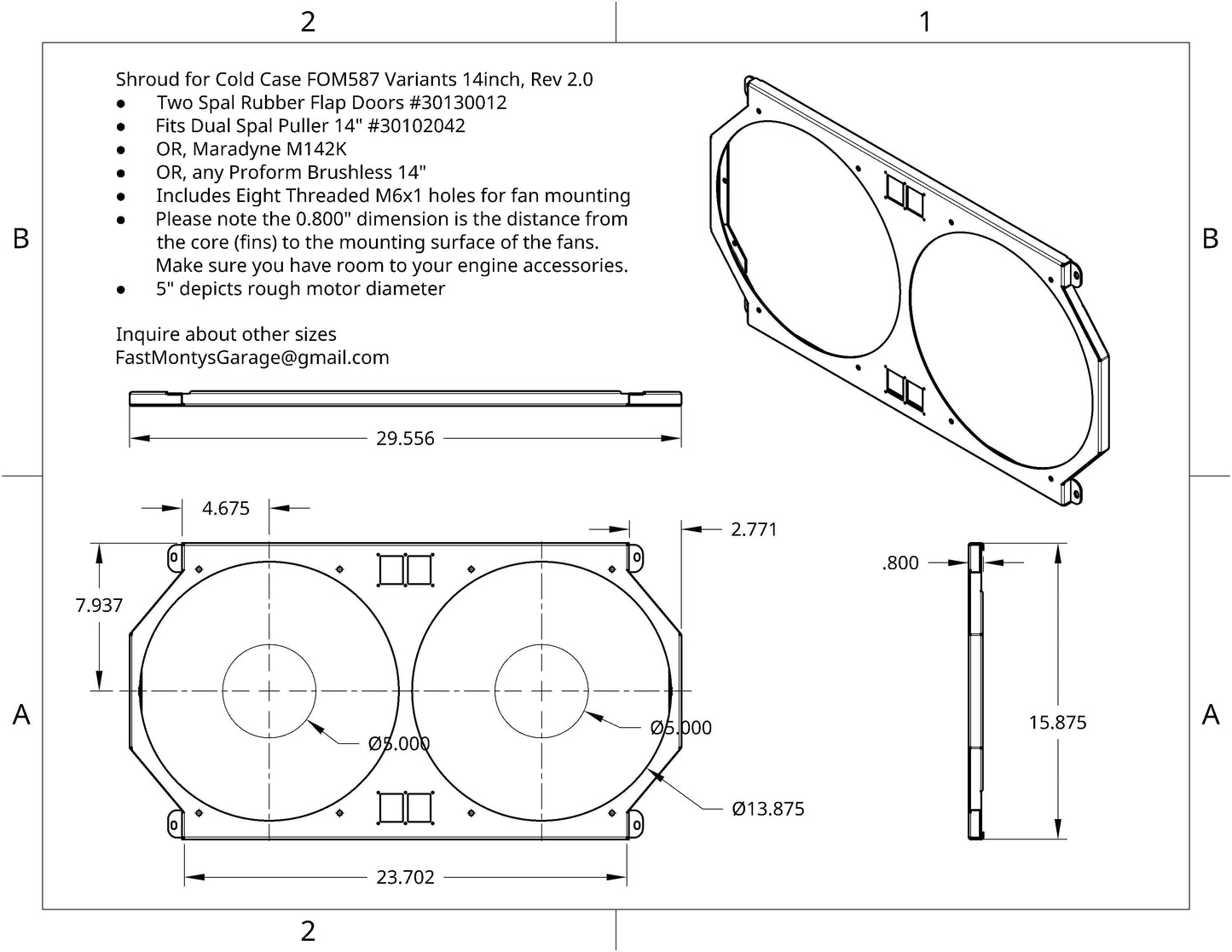 Rev 2.0 rendering of 1966-1969 Ford Mustang FOM587 fan shroud with 14-inch fans - Fast Monty's Garage