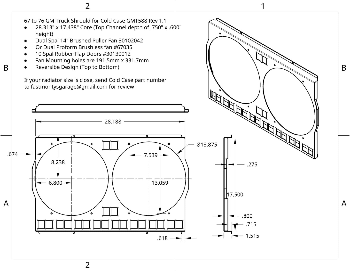 1967 to 1976 GM Trucks - Dual 14 inch fan Shroud - For Cold Case GMT558