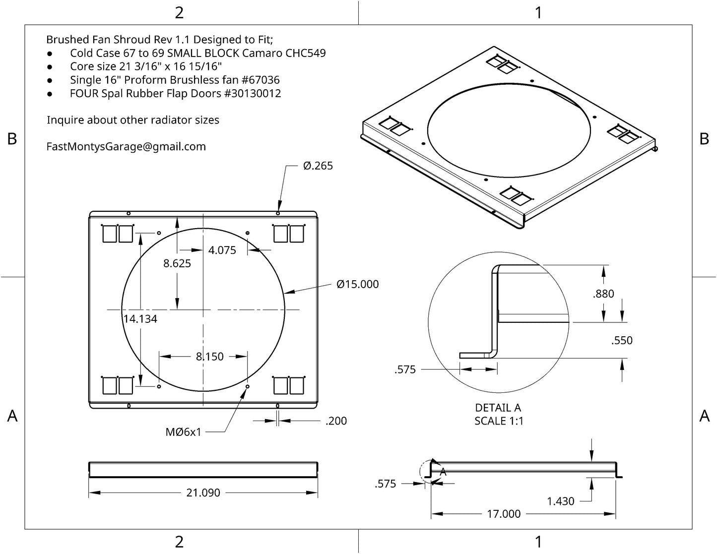 1967 to 1969 SMALL BLOCK Camaro 16 inch fan shroud for Cold Case Radiator CHC549 Raw Aluminum or Powder Coated