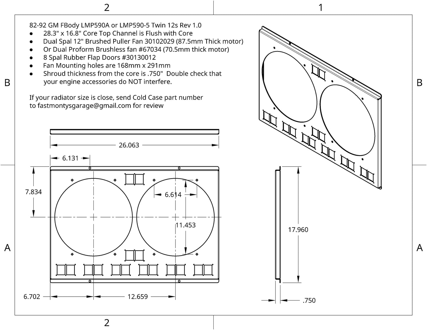 1982 to 1992 GM FBody Dual 12 Inch Fan Shroud for ColdCase LMP590 Raw Aluminum or Powder Coated
