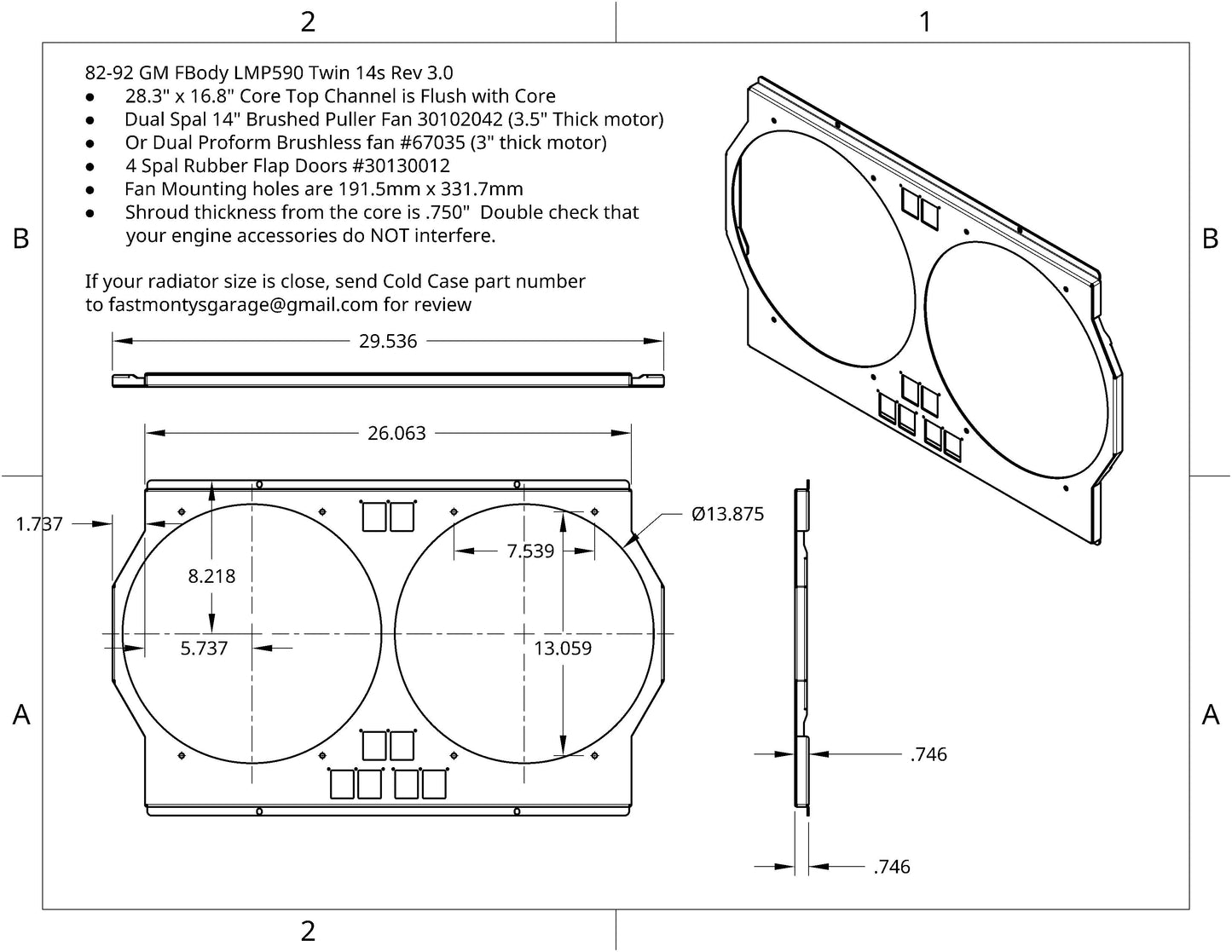 1982 to 1992 GM FBody Dual 14 Inch Fan Shroud for ColdCase LMP590 Raw Aluminum or Powder Coated