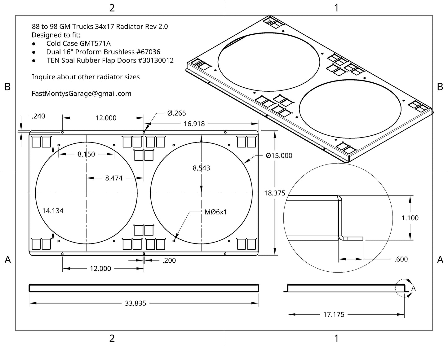 1988 to 1998 GM Trucks Twin 16" Fan Shroud for ColdCase GMT571A with Oil Cooler Raw Aluminum or Powder Coated