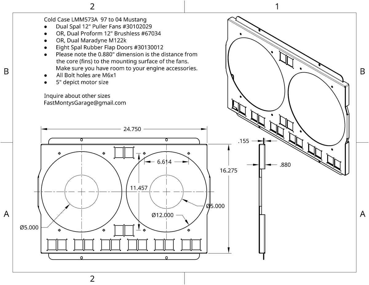 1997 to 2004 Ford Mustang  - Dual 12 inch Fan Shroud for ColdCase LMM573A