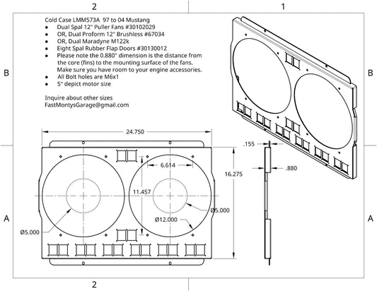 1997 to 2004 Ford Mustang  - Dual 12 inch Fan Shroud for ColdCase LMM573A