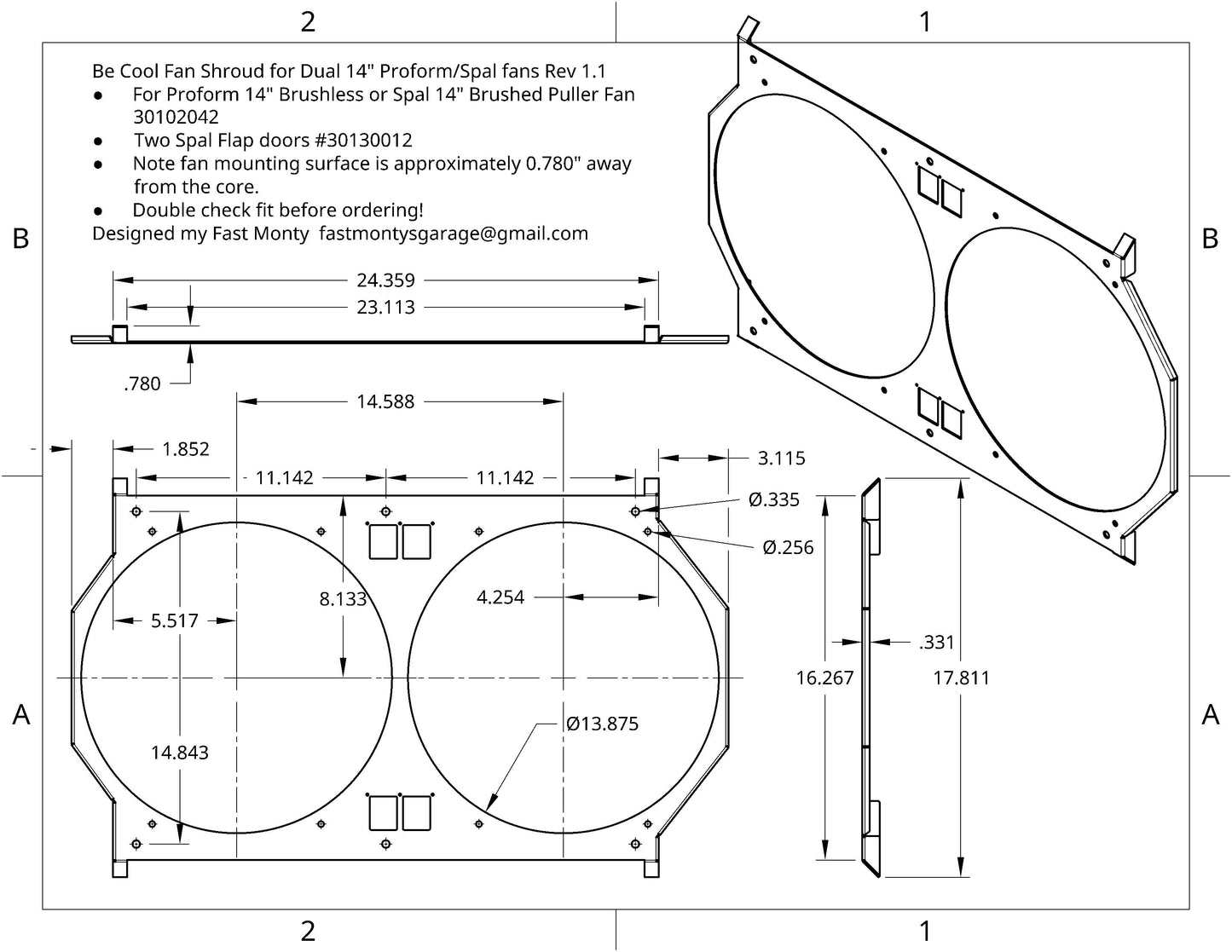 Custom BeCool Fan Shroud Kit WITH Dual 14" Proform Brushless fans replaces fan kit used on 81168