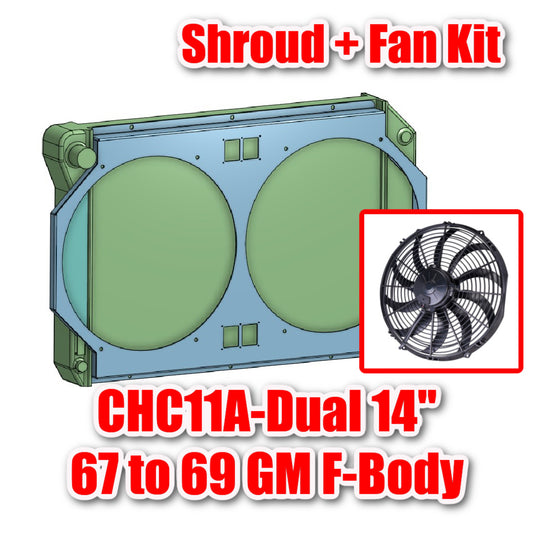 Matte black CHC11A radiator shroud kit with dual 14-inch SPAL brushed fans for 1967–69 GM F-Body.