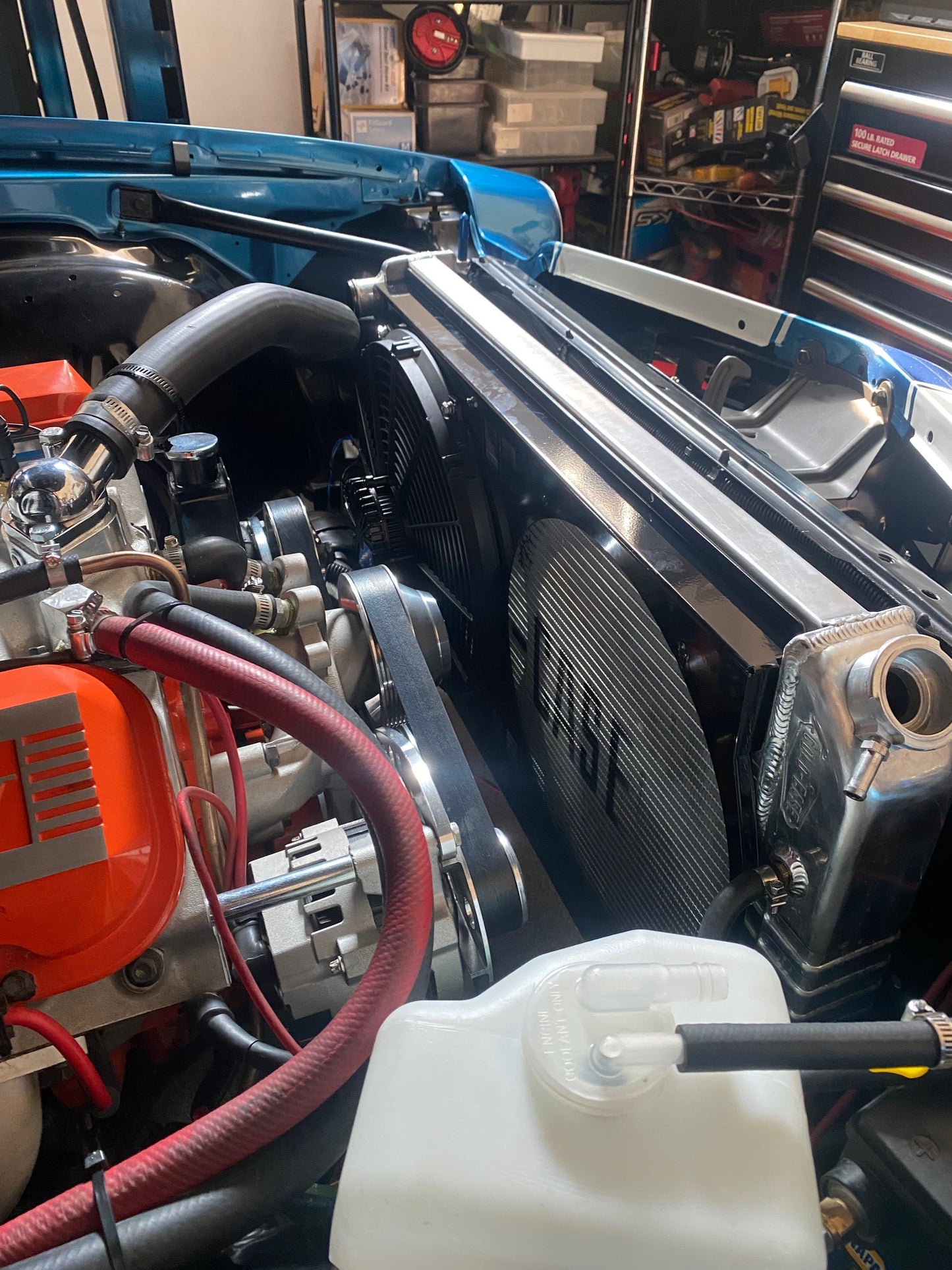 FMG dual 14 inch fan shroud mounted on a Cold Case CHC545 in a 1971 Camaro