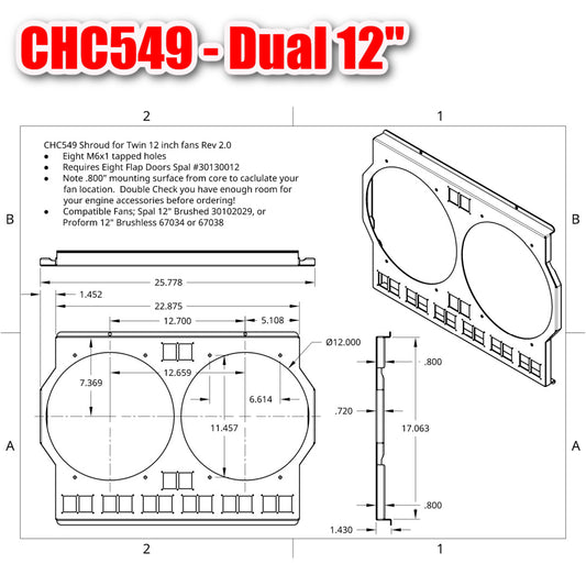 1967-1969 small block Camaro Cold Case CHC549 dual 12-inch fan shroud dimension drawing