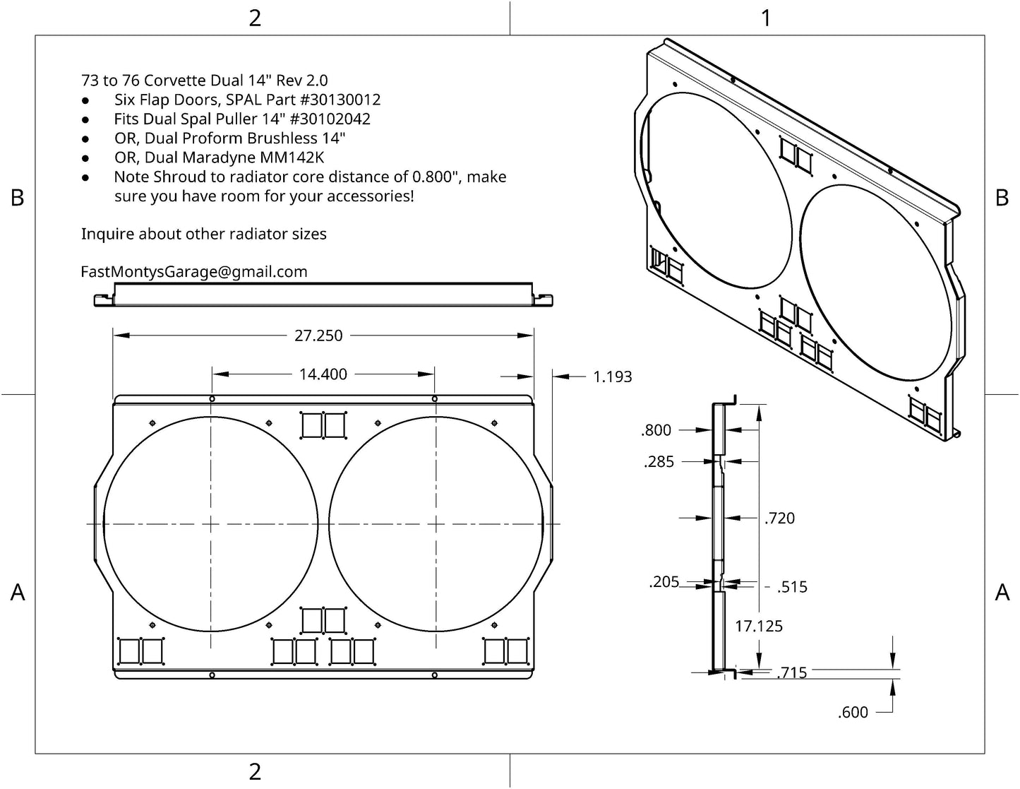 Dual 14-inch fan shroud drawing for 1973-1976 Corvette Cold Case CHV716A - Fast Monty's Garage