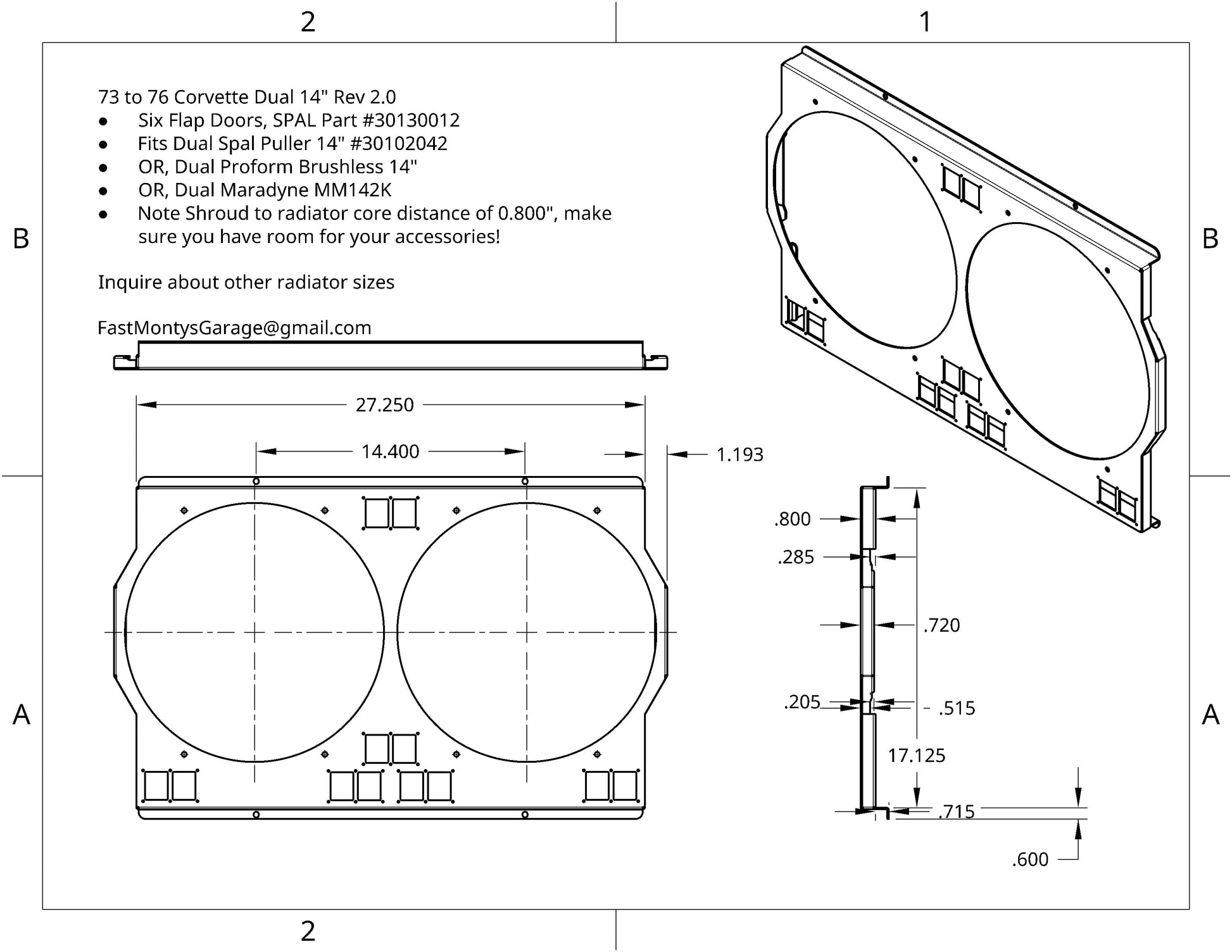 Dual 14-inch fan shroud drawing for 1973-1976 Corvette Cold Case CHV716A - Fast Monty's Garage