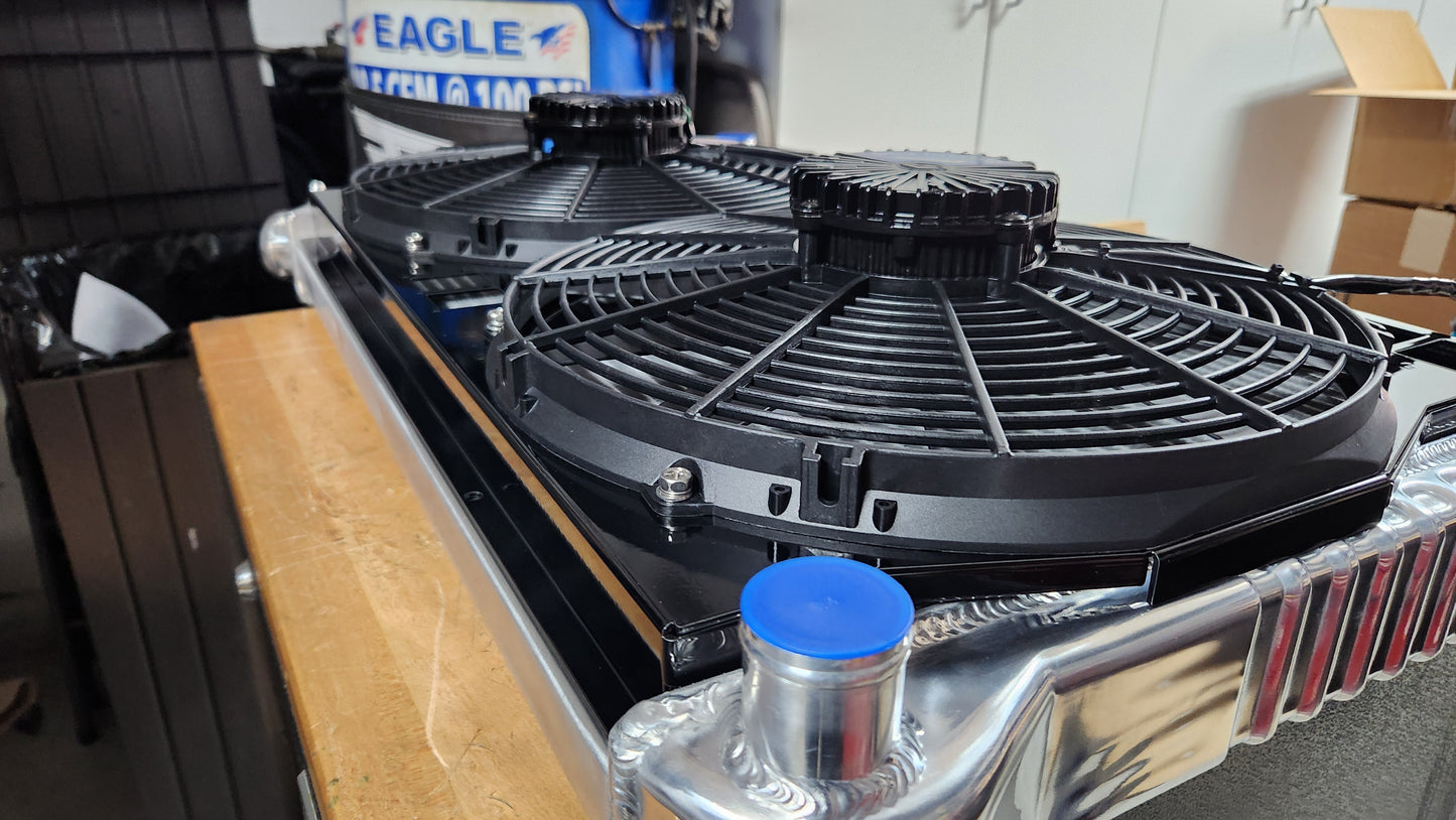 Top Side view of Dual 14 inch Proform Brushless fans mounted on a shroud for Cold Case radiators CHC545