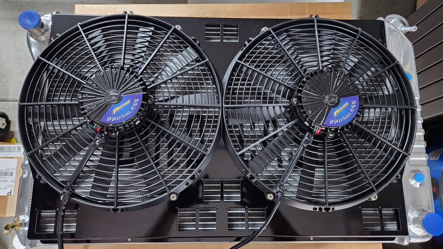 Dual 14 inch Proform Brushless fans mounted on a shroud for Cold Case radiators CHC545