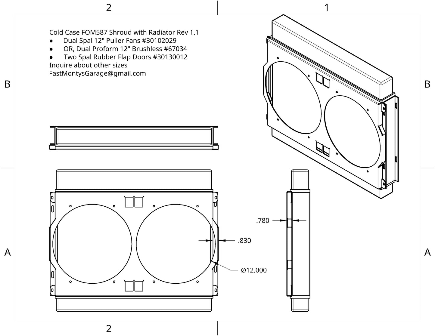 1967 to 1970 24" Ford Mustang Dual 12 inch Fan Shroud for ColdCase FOM587 Raw Aluminum or Powder Coated