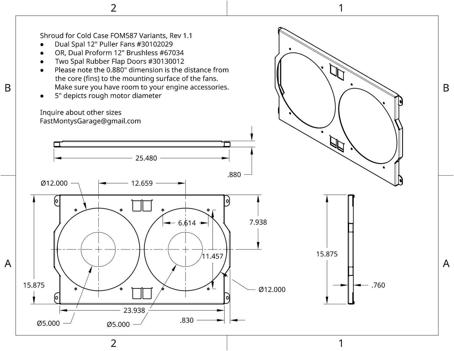 1967 to 1970 24" Ford Mustang Dual 12 inch Fan Shroud for ColdCase FOM587 Raw Aluminum or Powder Coated