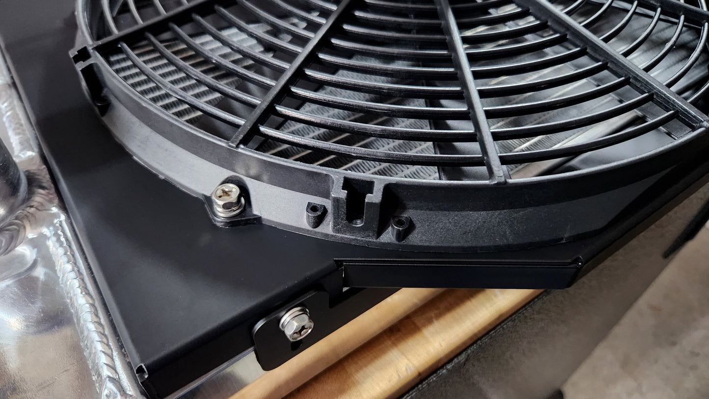 Proform 12 inch fan on a custom Matte Black fan shroud for Cold Case Radiators