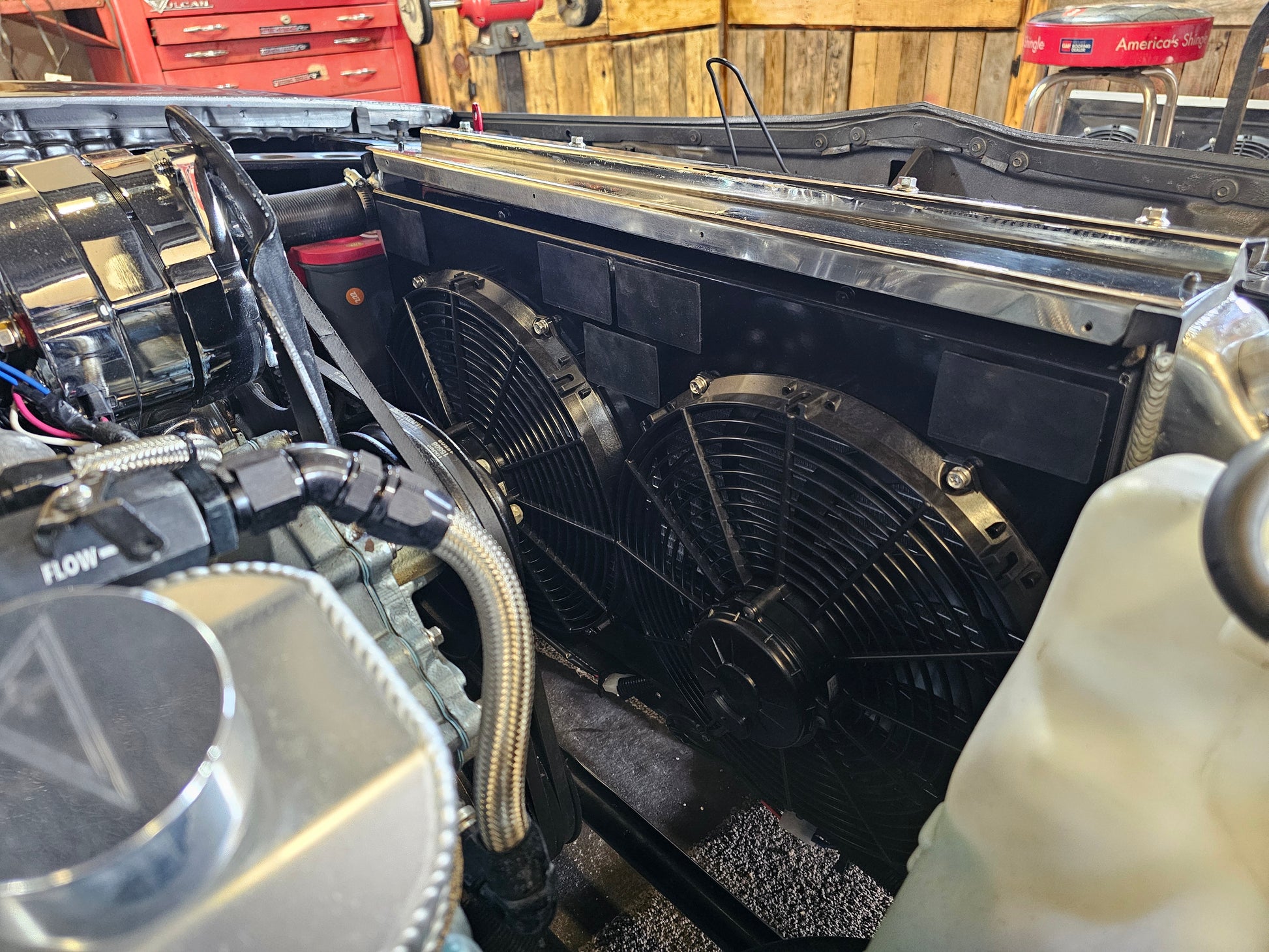 FMG dual 14 inch fan shroud mounted on a Cold Case GPF18 in a 1970 Pontiac Firebird with SPAL fans.