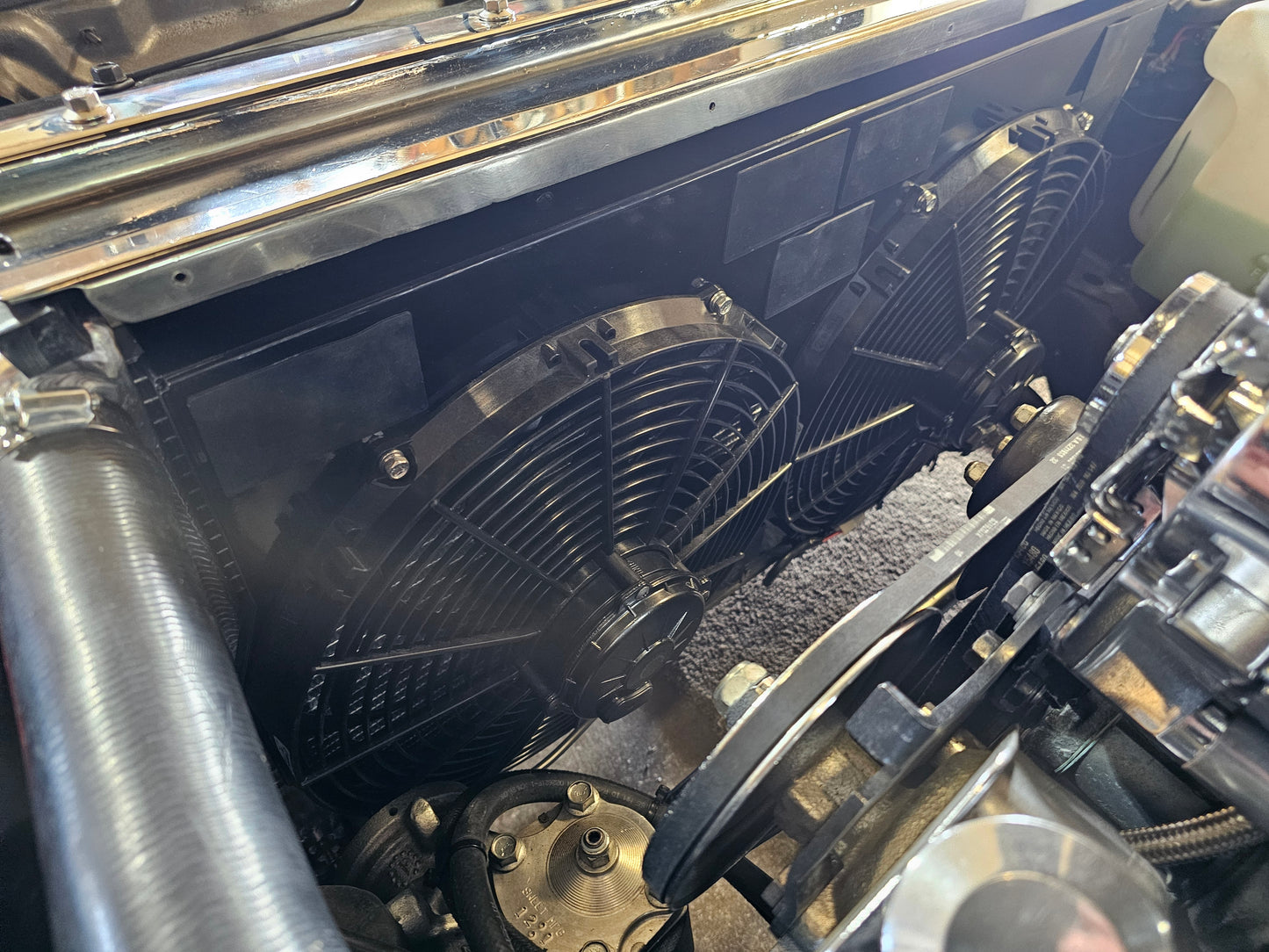 FMG dual 14 inch fan shroud mounted on a Cold Case GPF18 with 14 inch SPAL fans in a 1970 Pontiac Firebird top view