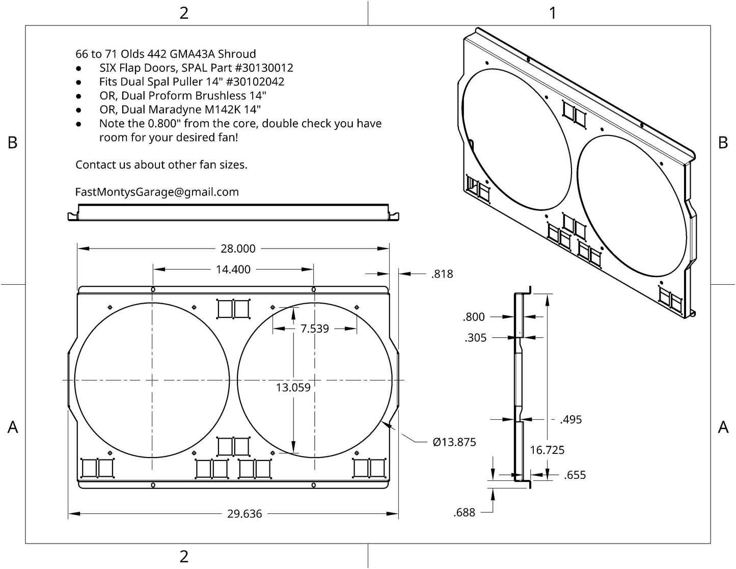 1966 to 1971 Olds 442 Shroud for Cold Case GMA43A - Fits 14 inch fans - Powder Coated or Raw Aluminum (Copy)
