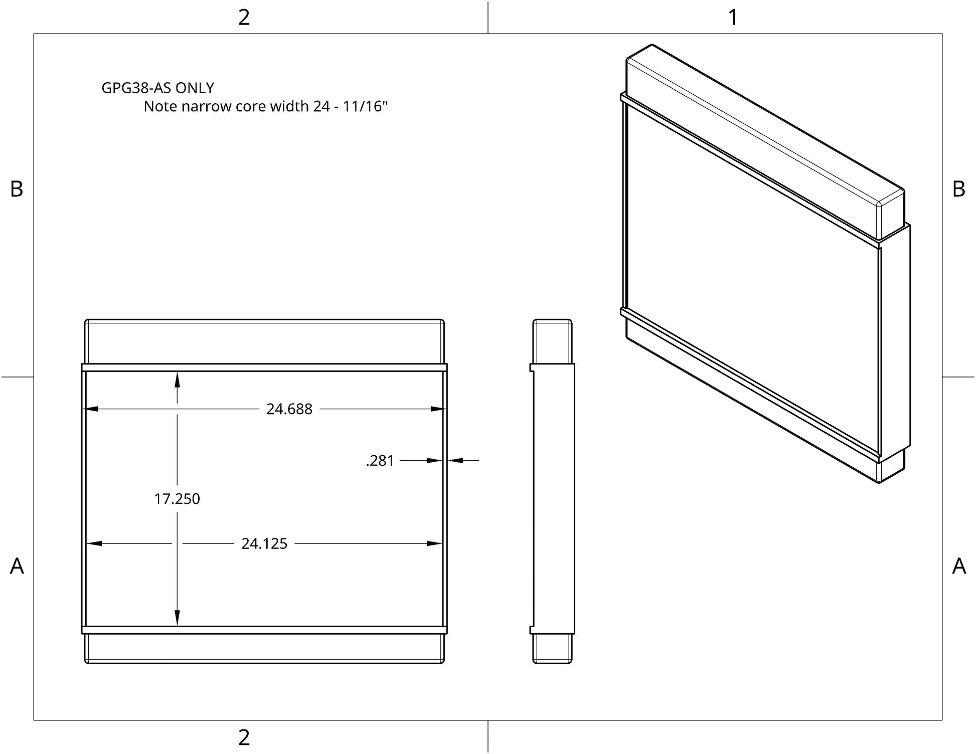 Radiator-only drawing for 1966-1967 Pontiac A-Body Cold Case GPG38AS wide tube - Fast Monty's Garage