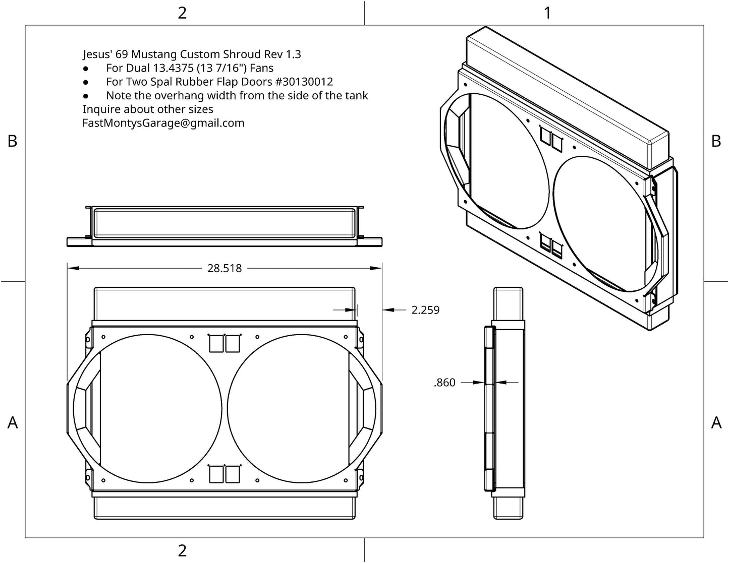 Radiator and shroud drawing Rev 1.3 for custom 1969 Mustang 24x15 down flow shroud - Fast Monty's Garage