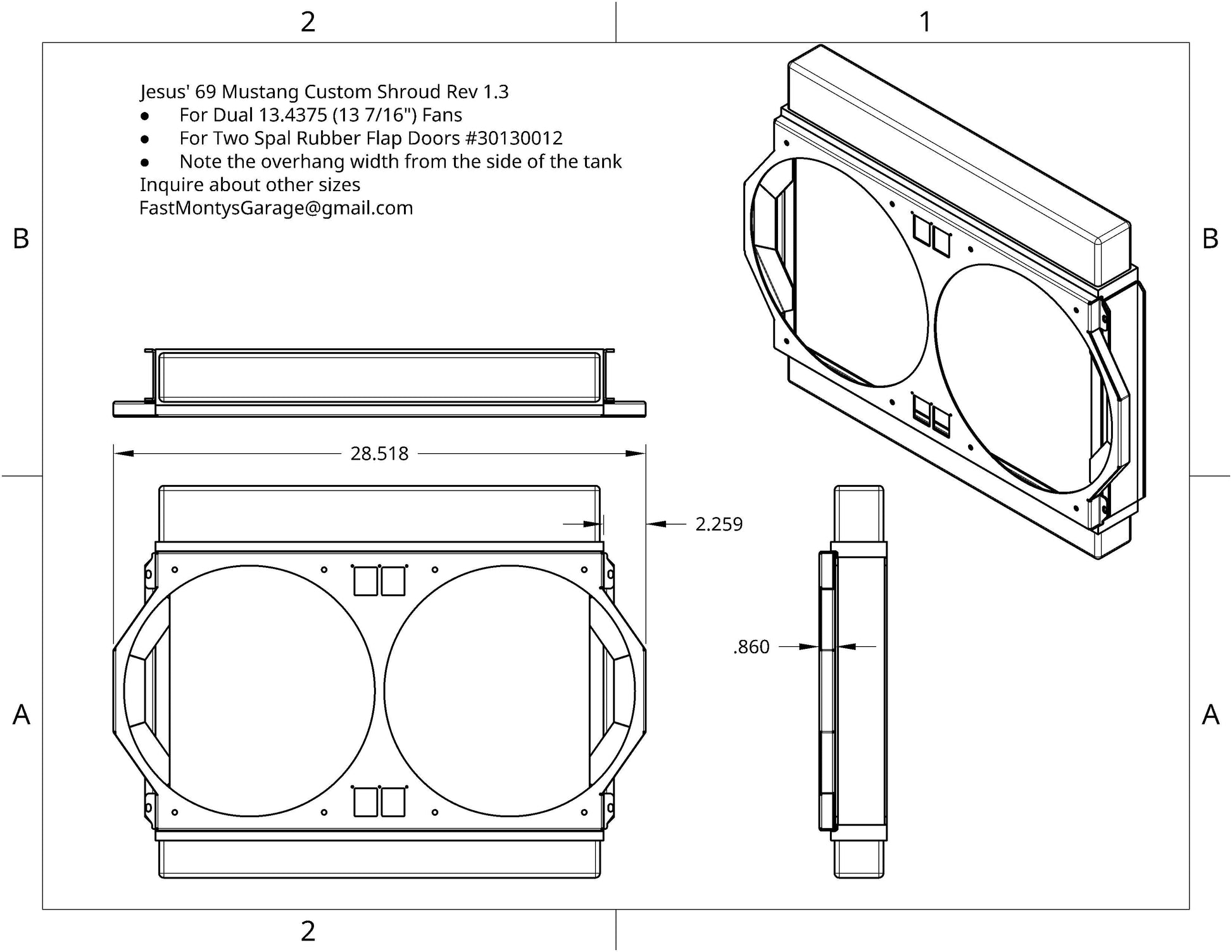Radiator and shroud drawing Rev 1.3 for custom 1969 Mustang 24x15 down flow shroud - Fast Monty's Garage