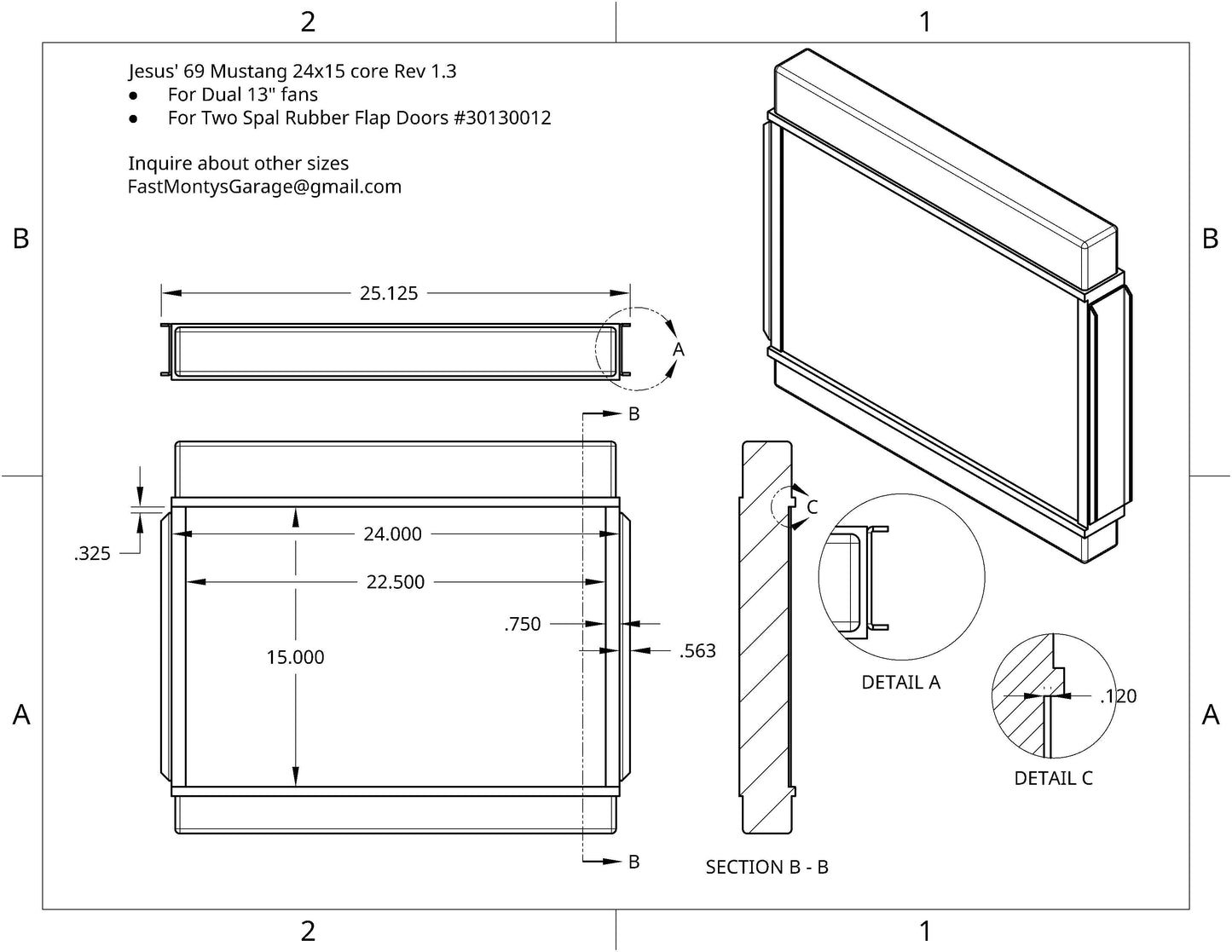 Radiator-only drawing Rev 1.3 for custom 1969 Mustang down flow shroud - Fast Monty's Garage