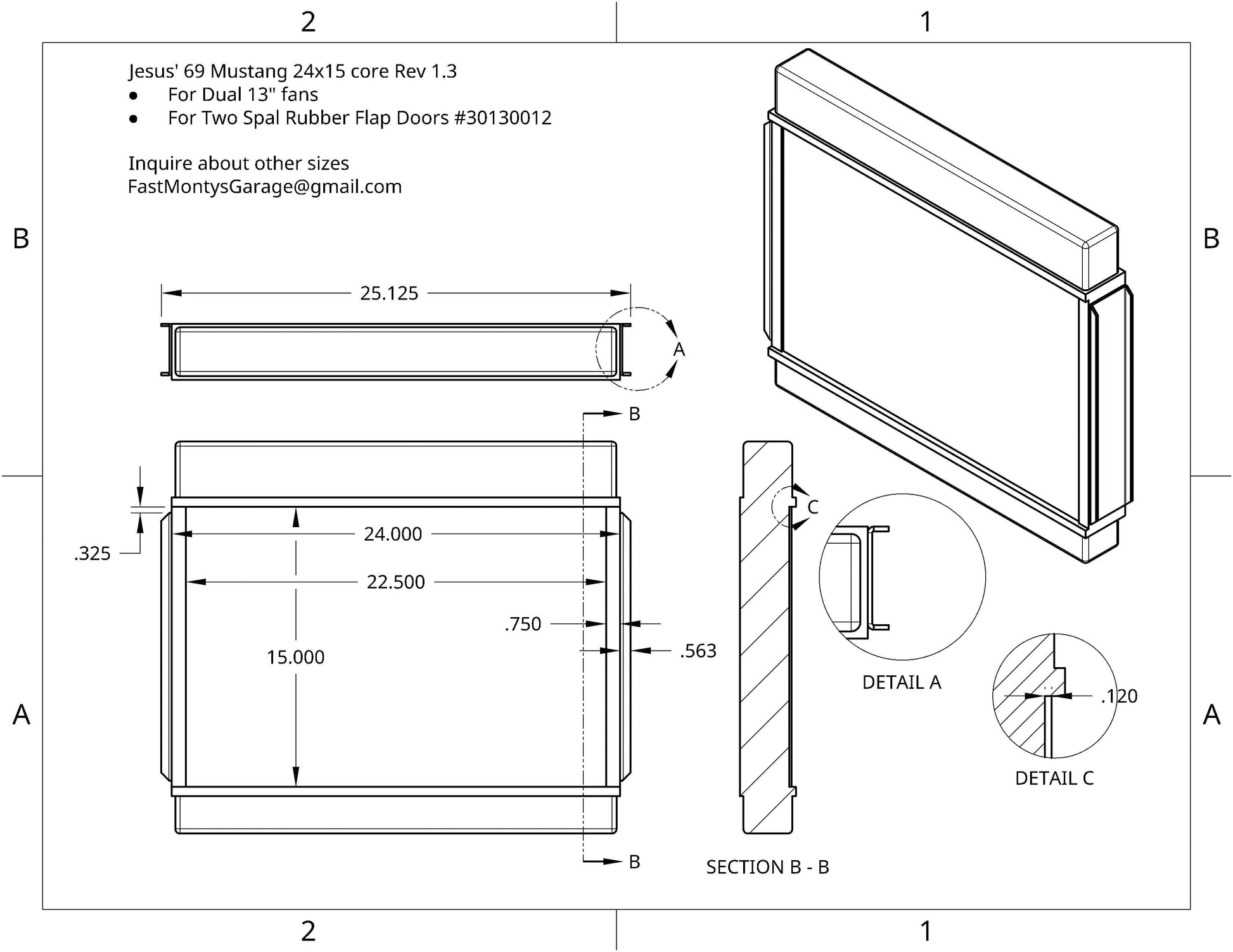 Radiator-only drawing Rev 1.3 for custom 1969 Mustang down flow shroud - Fast Monty's Garage
