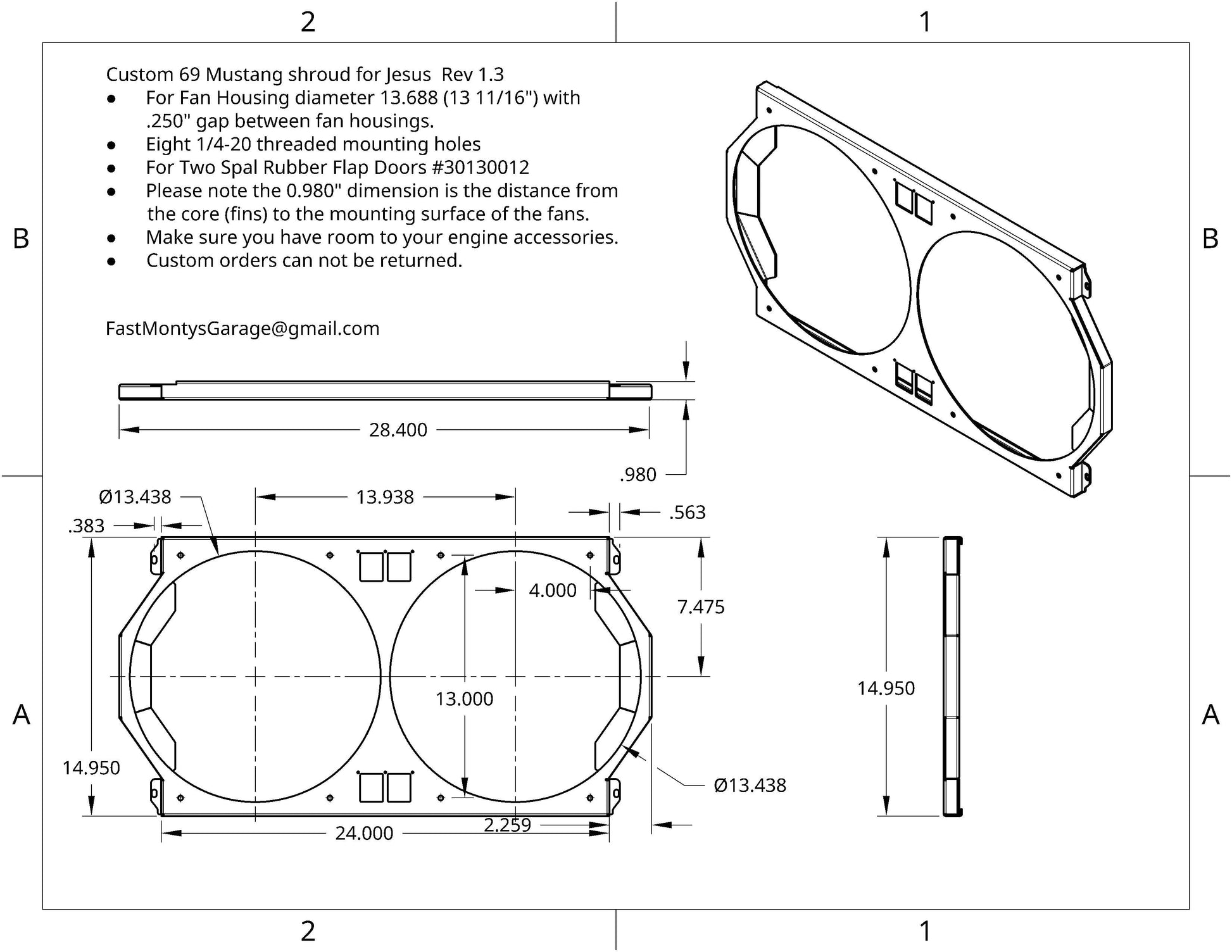 Shroud-only drawing Rev 1.3 for custom 1969 Mustang 24x15 down flow shroud - Fast Monty's Garage
