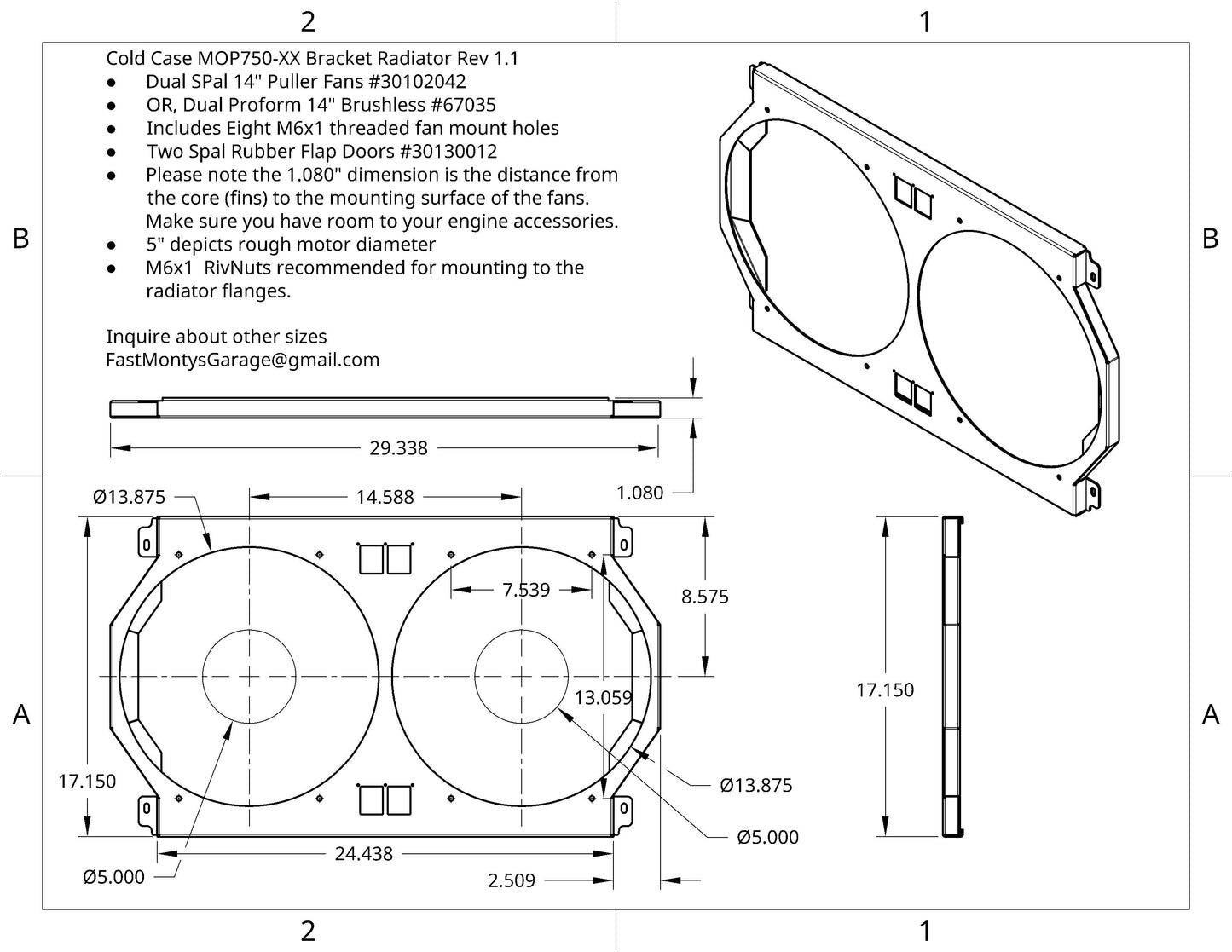 1966 to 1974 Mopar A, B, C, E Body's Dual 14 inch Fan Shroud for ColdCase MOP750 Raw Aluminum or Powder Coated