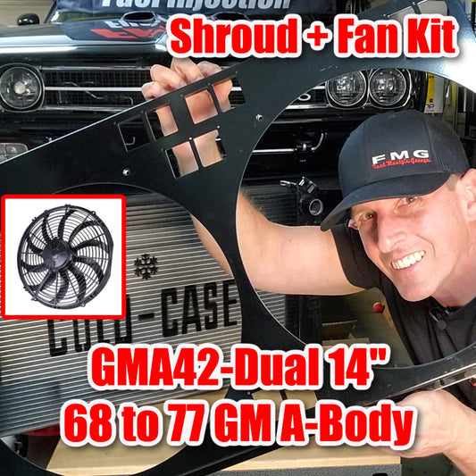 Matte Black GMA42 fan shroud kit with dual 14-inch SPAL fans for 1968–77 GM A-Body