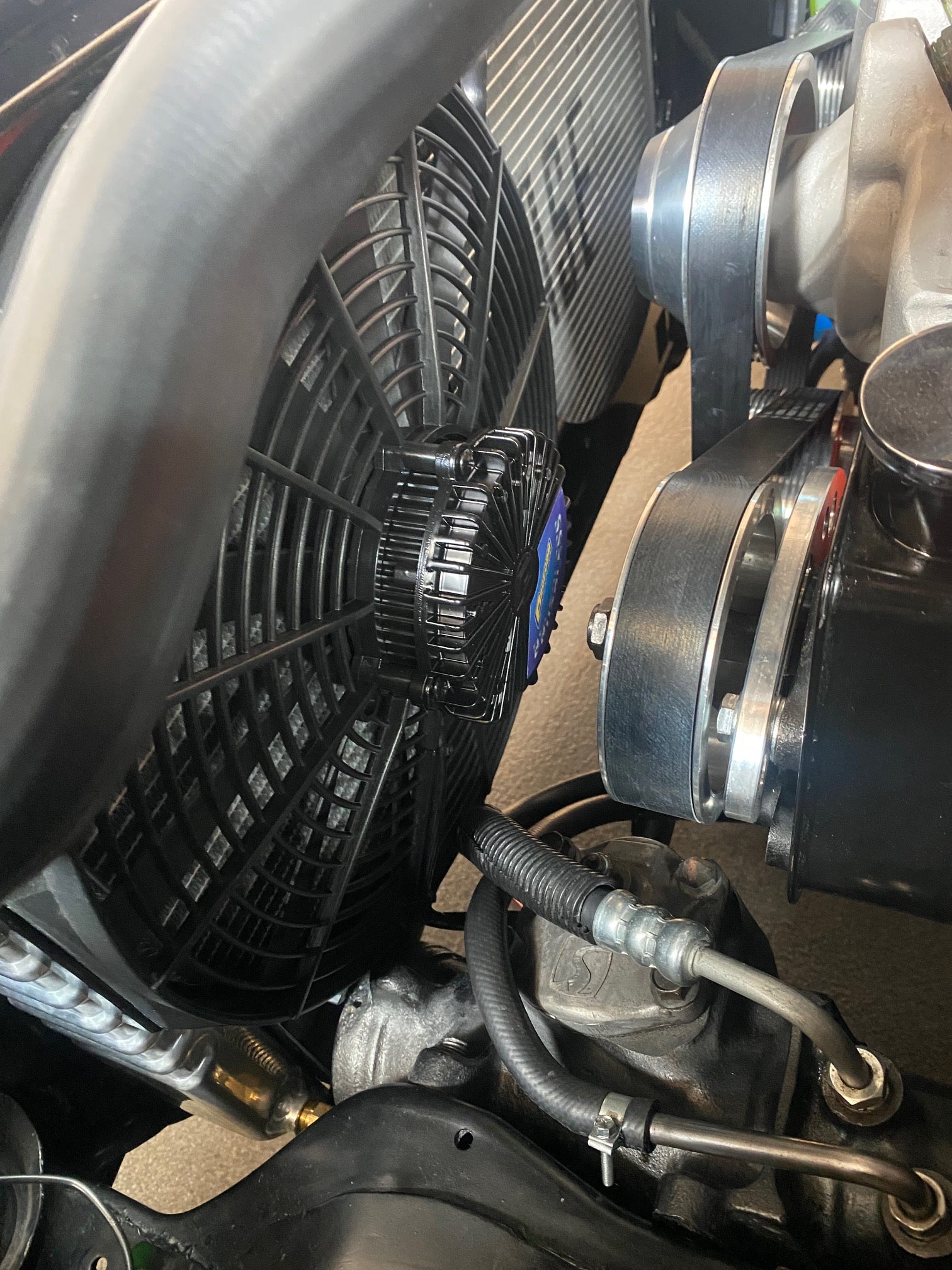 Proform fan mounted on a Cold Case CHC545 in a 1971 Camaro