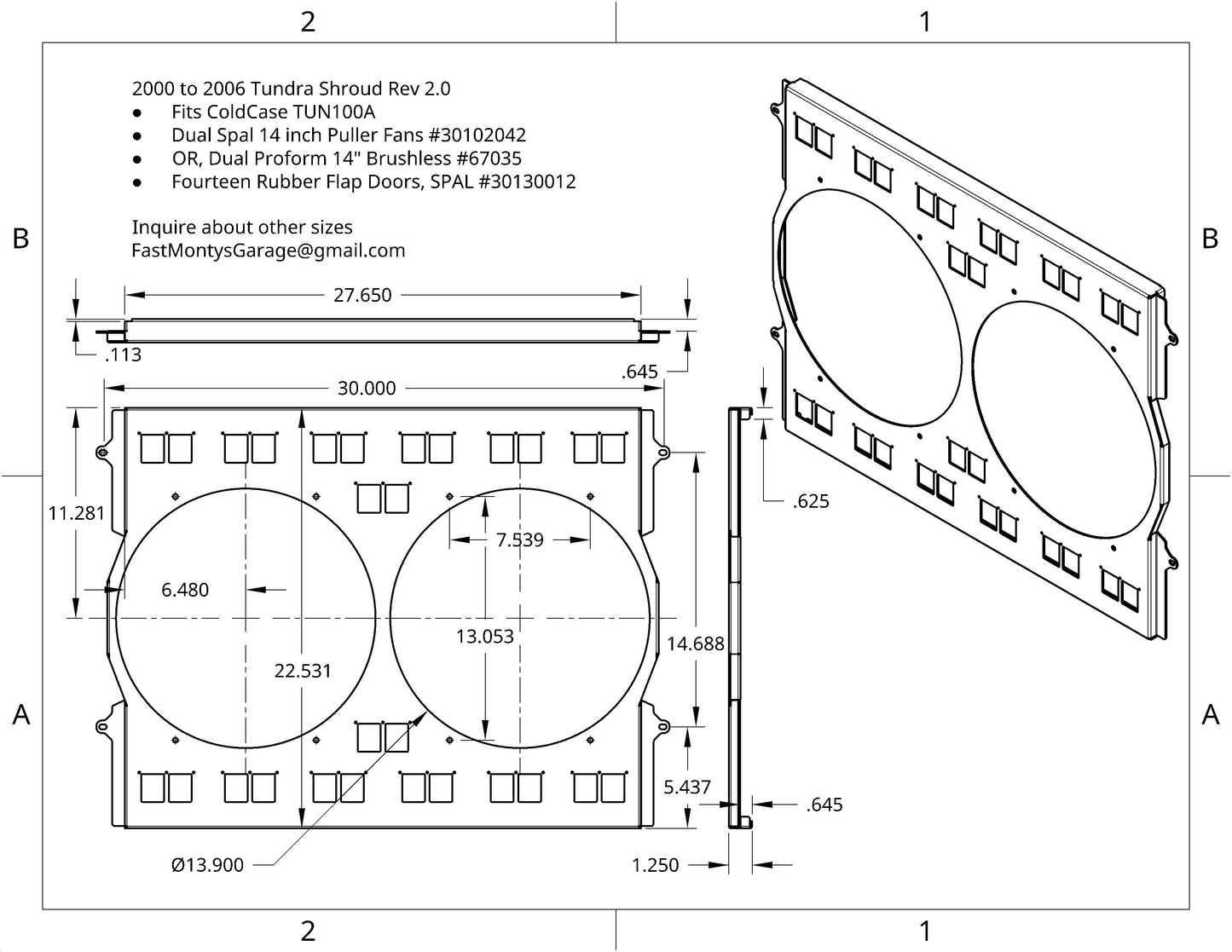 2000 to 2006 Toyota Tundra Dual 14 inch Fan Shroud for Cold Case TUN100A Raw Aluminum or Powder Coated